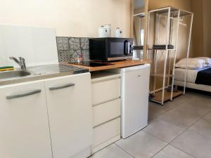 eine Küche mit einer Spüle und einer Mikrowelle auf der Theke in der Unterkunft Studio SN9 - Centre-Ville Meaux - Proche Disneyland in Meaux