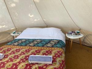 a bedroom with a bed in a tent at Au Pré Fleuri Eco Glamping in Le Lindois