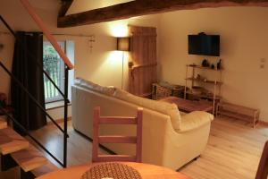 salon z kanapą i telewizorem w obiekcie LOFT Le chant des Oiseaux proche Mont St Michel w mieście Pleine-Fougères