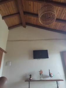 a room with a table with a television and a bird on it at Chalés Aconchego in Pirenópolis