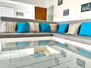 a cat laying in a glass box in a living room at South Coast - Private in Christ Church