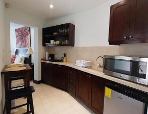 a kitchen with a counter top with a microwave and a counter sidx sidx at Las Catalinas - Studio Cazenovia centrally located, short walk to beach in Playa Danta