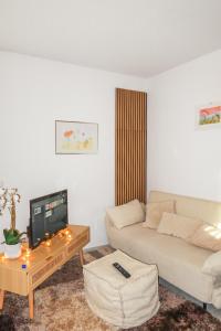 a living room with a couch and a tv at Homestay - Stilvolle Wohnung in Büdingen in Büdingen