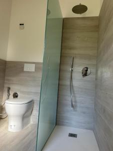 une salle de bain avec toilettes et douche en verre dans l'établissement Villa SuReu, à Castiadas