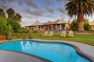 a swimming pool in front of a house with a palm tree at Thylitshia Villa Country Guest House in Oudtshoorn