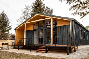 伊兹沃鲁穆列什鲁伊Casa Muresului的一间设有黑色屋顶和大窗户的小房子