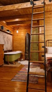 a room with a bunk bed and a bath tub at Explorers Dream - Transylvania in Vlădeşti