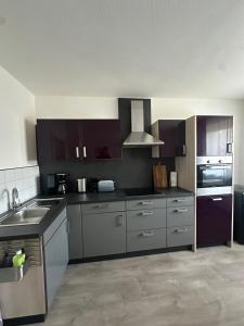 a kitchen with dark brown cabinets and a sink at Ferienwohnung Seehofblick in Memmelsdorf