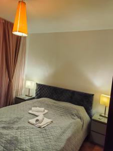 a bedroom with a bed with towels on it at Apartament Vultur - 3 rooms, 2 bathrooms in Târgu-Mureş