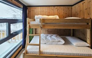 Cette chambre en bois dispose de 2 lits superposés et d'une fenêtre. dans l'établissement 3 Bedroom Awesome Apartment In Rjukan, à Rjukan 15 autres photos