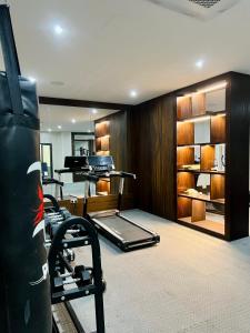 a room with a gym with a treadmill and a piano at A Tranquil Studio in Airport Residential with Pool - The Essence in Accra +18 photos