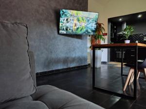 a living room with a couch and a tv on a wall at excelente calefacción, TV 55'' CON MUNDIAL 2026, Cochera, WIFI rapido, Colchón cómodo, Apartamento Gamán in San Luis