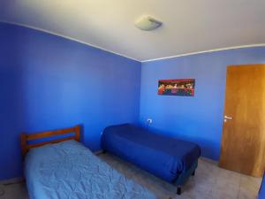 Schlafzimmer mit blauen Wänden, einem Bett und einer Tür in der Unterkunft Alquiler por día Gobernador Gregores in Gobernador Gregores