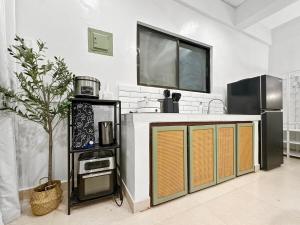 a kitchen with a counter and a plant in it at Family Apartment By The Beach with Kitchen Netflix Station 3 Beachfront in Boracay +24 photos