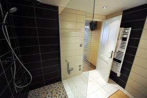 a bathroom with a shower with a glass door at Hôtel Restaurant Les Arcades in Limoux +21 photos
