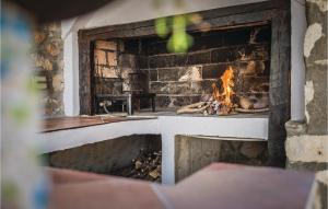 a brick fireplace with a fire in it at Three-Bedroom Holiday Home In Zaboric in Zaboric