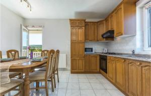a kitchen with wooden cabinets and a table with chairs at Stunning Home In Kapelica With Wifi in Raša
