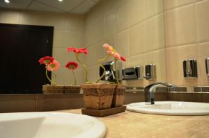 een badkamer met een wastafel en een spiegel met bloemen bij Riverside Family Hotel in Yambol
