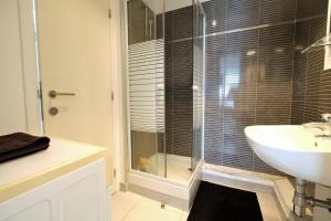 ein Badezimmer mit Waschbecken und Glasdusche in der Unterkunft Appartement Gare Lille Europe in Lille