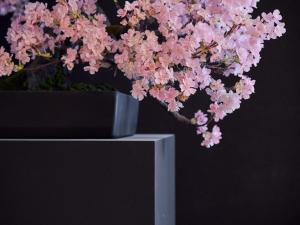 a vase filled with pink flowers on top of a table at KONJAKUSO Osaka Tempozan KANOH SHOHAKU Sakura Pine Tree in Osaka