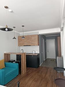 a kitchen and living room with a blue couch at Twins studio N339 in Gudauri