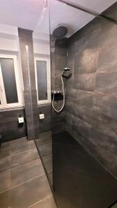 een douche met een glazen deur in een badkamer bij FeWo's und Apartment's Blaues Haus in Davos +75 foto's