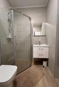 a bathroom with a shower and a toilet and a sink at Apartman AniMa in Osijek