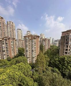 a city skyline with tall buildings and trees at Eastern Hub - Bund Branch Designer Open Kitchen Super Large Sofa Deluxe Three Room in Shanghai