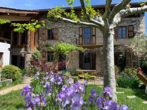 ein Garten vor einem Haus mit lila Blumen in der Unterkunft Notre maison de famille, la maison de shaoni in Saint-Romans