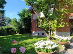 un patio con dos grandes macetas de flores en Garden House, en Casorezzo