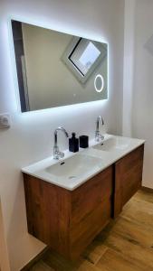 a bathroom with a sink and a mirror at Villa Croisette in Pruillé-le-Chétif