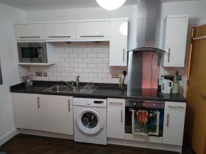 a kitchen with a sink and a washing machine at Cosy flat in central Wellington in Telford