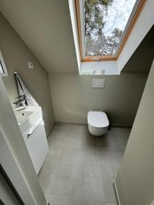 une salle de bain avec toilettes et fenêtre dans l'établissement Apartament w sosnowym lesie, à Międzywodzie