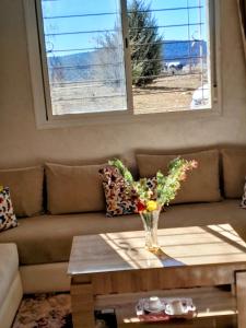 a living room with a couch and a vase of flowers on a table at Marwan's apartment 2 in Ifrane +4 photos