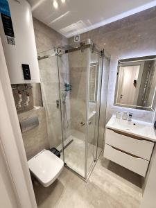 a bathroom with a shower and a toilet and a sink at Ultra Central Apartment in Chișinău in Chişinău +10 photos