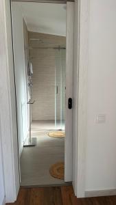 baño con ducha a ras de suelo y puerta de cristal en Oaza de liniște Olănești, en Valea Cheii