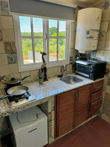 eine Küche mit Spüle und Mikrowelle in der Unterkunft Departamento pequeño en gobernador roca in Gobernador Roca