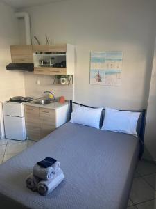 a bed in a small room with a kitchen at POSIDONIA RESORT No7 in Nea Vrasna
