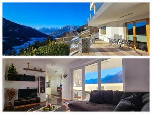 een woonkamer met een bank en uitzicht op de bergen bij Panorama Ferienwohnung Reich in Oetz