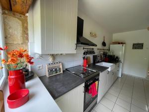 una cucina con armadi bianchi e un vaso rosso con fiori di La Ferme de Belbouys a Soturac