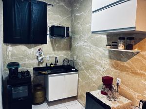 een kleine keuken met een spoelbak en een fornuis bij Meu Loft Barra Nova 2 in Saquarema