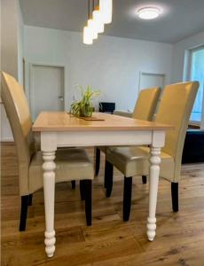 a dining room table with chairs and a plant on it at eigene Bad ruhig Öko Zentrum Zimmer Leipzig in Leipzig