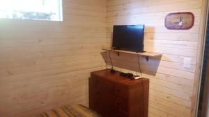 a room with a tv on top of a wooden wall at Cabaña en la naturaleza Futrono in Ranco