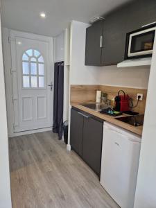 a small kitchen with a sink and a door at Faubourg des voyageurs 4 - Studio climatisé 2 personnes - proche axe autoroute in Saran