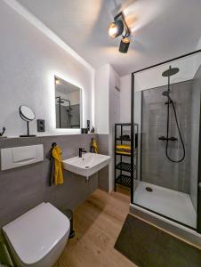 a bathroom with a toilet and a sink and a shower at Moderne Ferienwohnung in ruhiger idyllischer Lage 2 plus 2 Personen möglich in Plauen