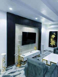a living room with a couch and a tv at Enes Luxury Apartment in Abuja +5 photos