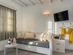 a bedroom with a couch and a tv on a wall at ANETON Residences in Karavostasi