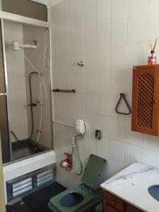 een badkamer met een groen toilet en een wastafel bij Casa azul da Serra in São Pedro