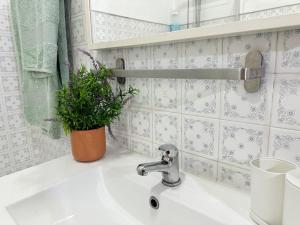 a bathroom sink with a potted plant on it at Cozy apartment in Paço de Arcos +12 photos
