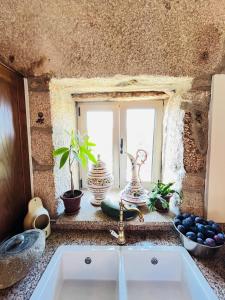 Una encimera de cocina con un fregadero y una ventana. en Vila Adelaide, en Campos